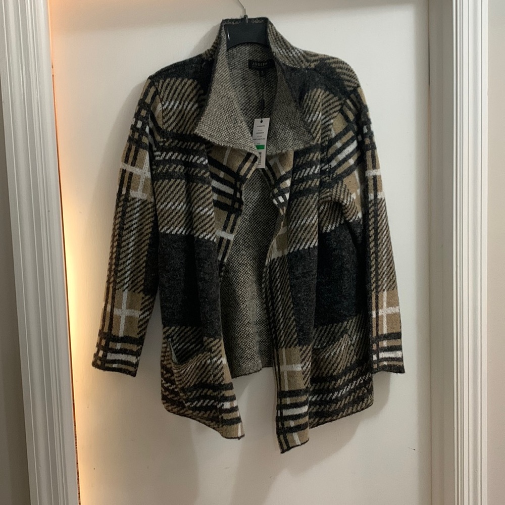Joseph A Plaid Open-Front Cardigan in Black, Tan, Cream